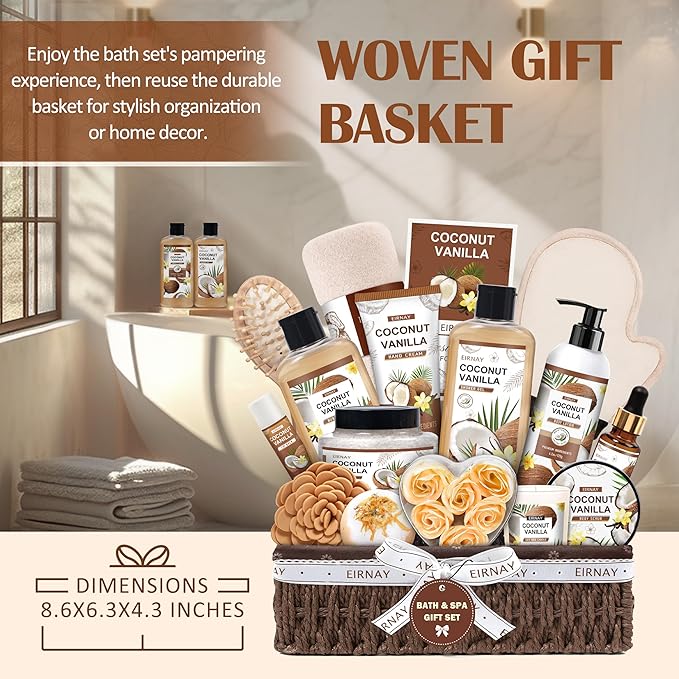 Christmas Gifts For Women - 16 PCS Birthday Gift Basket for Women Set of Coconut Vanilla Self Pampering Set, Includes Luxurious Home Spa Shower Gel Bubble Bath - Bloomnest
