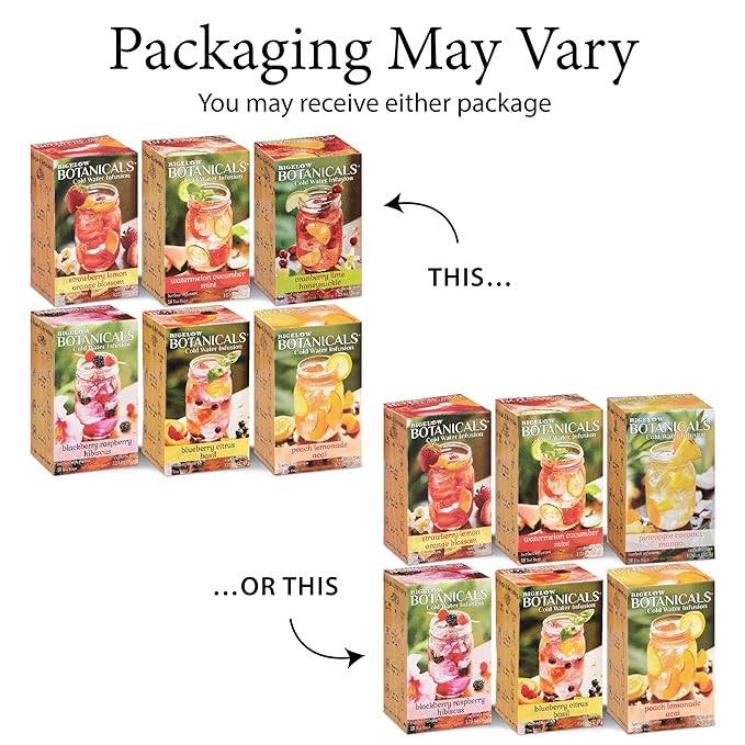 Bigelow Botanicals Cold Water Infusion Herbal Variety Pack, Caffeine Free Tea with Cranberry, Watermelon, Blackberry, Strawberry, Peach & Blueberry Flavor, 18 Count Box (Pack of 6), 108 Total Tea Bags - Bloomnest