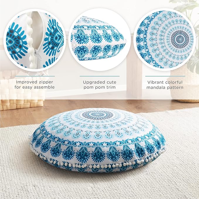 Codi Meditation Floor Pillow, Round Large Pillows Seating for Adults, Bohemian Mandala Circle Cushion for Outdoor Fireplace Yoga Living Room, 32 Inch, Memory Foam Added, Aqua - Bloomnest