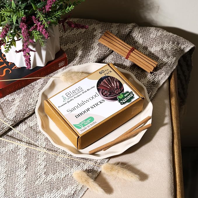 Bless-International Sandalwood-100%-Natural-Incense-Bambooless-Dhoop-Sticks Handmade-Organic-Chemicals-Free for-Purification-Relaxation-Positivity-Yoga-Meditation The-Best-scents-4.5-Inches-60-Sticks BlessInternational