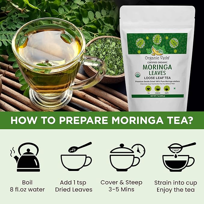 Organic Veda Moringa Tea Leaves - 100% Organic Dried Leaves - Moringa Oleifera Loose Leaf for Herbal Tea - Antioxidants Rich, Naturally Boosts Energy, Supports Digestion & Immune System - 7oz - Bloomnest