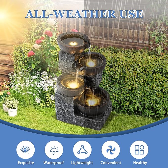 Outdoor Water Fountains with Cascading Bowls, 4-Tiers Fountains and Waterfalls w/LED Lights,Indoor Morden Floor Standing Resin Water Feature for Garden Patio Backyard Home Decor (Grey & Brown) - Bloomnest