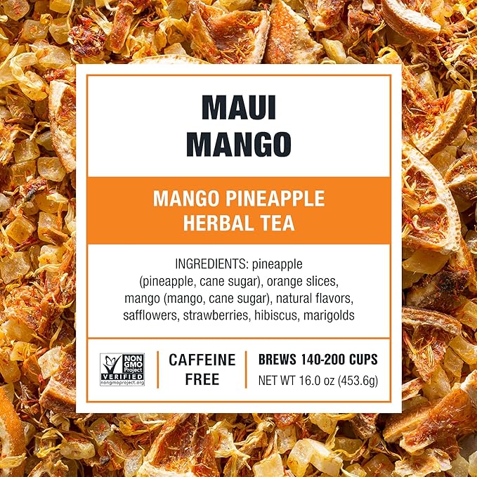 Tiesta Tea Maui Mango, Loose Leaf, Mango Pineapple Herbal Tea, Premium Non-Caffeinated Fruit Blend, Makes Hot or Iced & Brews Up to 200 Cups, 16 Ounce Resealable Bulk Pouch - Bloomnest
