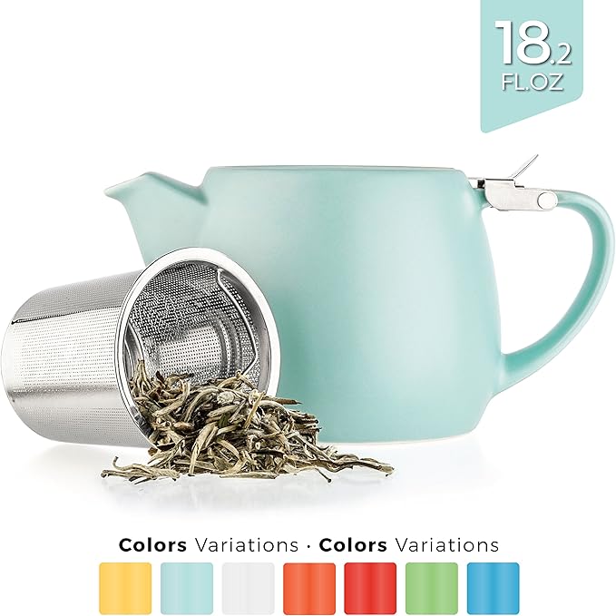 Tealyra - Pluto Porcelain Small Teapot Turquoise - 18.2-ounce (1-2 cups) - Matte Finish - Stainless Steel Lid and Extra-Fine Infuser To Brew Loose Leaf Tea - 540ml - Bloomnest