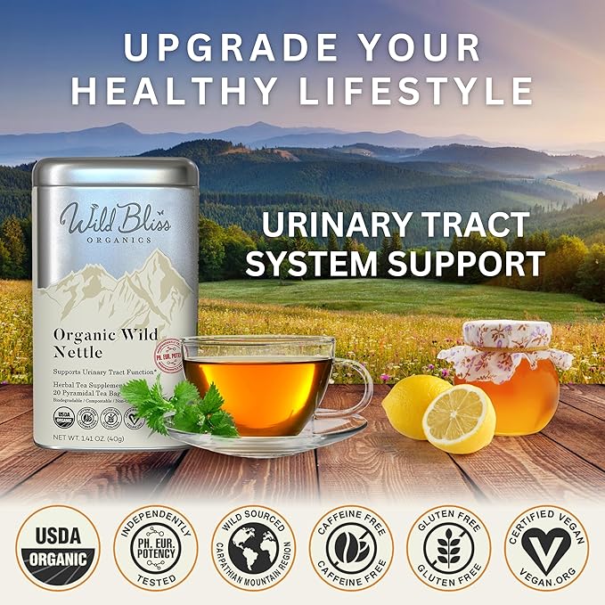 Wild Bliss Organic Wild Stinging Nettle Leaf Tea - Caffeine Free Urinary Tract and Joint Health Herbal Support - Pharmacopoeia Potency - 20 Plant Based Tea Bags - Bloomnest