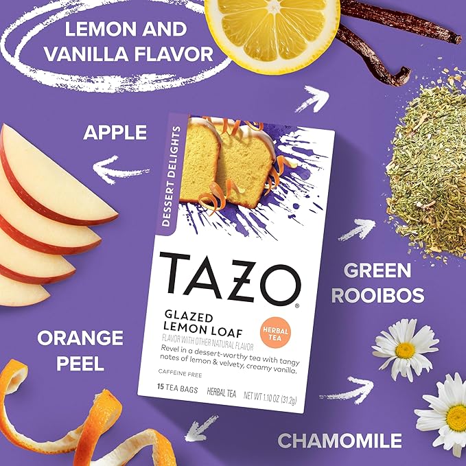 TAZO Dessert Delights Glazed Lemon Loaf Herbal Tea Bags, Aromatic Blend, Caffeine-Free, 90 Total Tea Bags (15ct - Pack of 6)