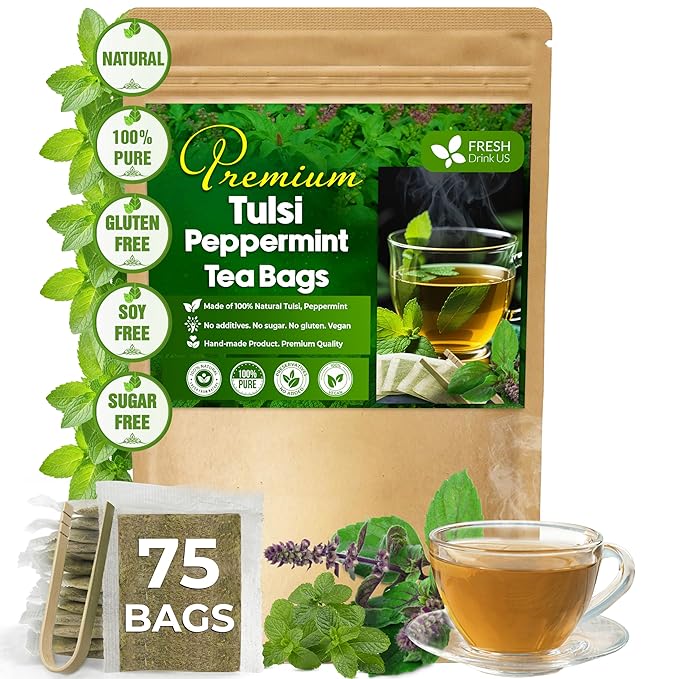 FreshDrinkUS, Premium Tulsi Peppermint Herbal Tea – 75 Tea Bags, 100% Natural, Blend of Tulsi Holy Basil Leaves, and Peppermint Leaves. Made with Natural Material Tea Bags. No Sugar, Vegan. - Bloomnest