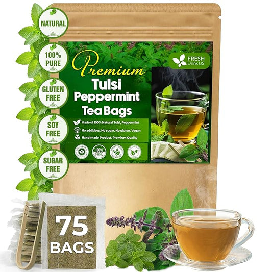 FreshDrinkUS, Premium Tulsi Peppermint Herbal Tea – 75 Tea Bags, 100% Natural, Blend of Tulsi Holy Basil Leaves, and Peppermint Leaves. Made with Natural Material Tea Bags. No Sugar, Vegan. - Bloomnest