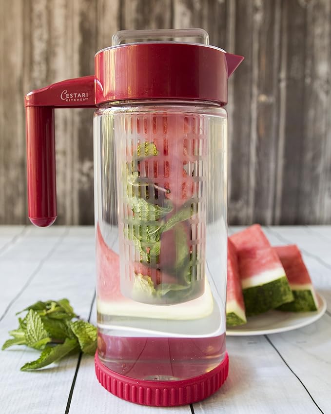 Glass Water Infusion Pitcher | BPA Free Fruit Infuser | Premium Borosilcate Glass for Hot and Cold Liquids | Infuse Iced Tea, Coffee, Water, Juice, Vodka, Tequila - Cestari Infuser, Red 44 ounces - Bloomnest