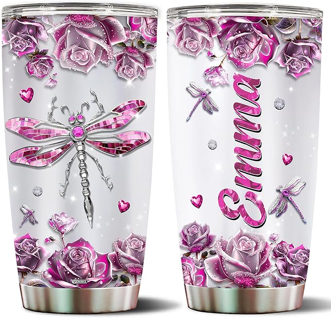 Personalized Dragonfly Coffee Mug Cups Gifts For Women Unique Mom, Purple Dragonflies Water Bottle Mothers Day Birthday Christmas Valentine 20oz Stainless Steel Thermos Tumbler Cup With Lid - Bloomnest