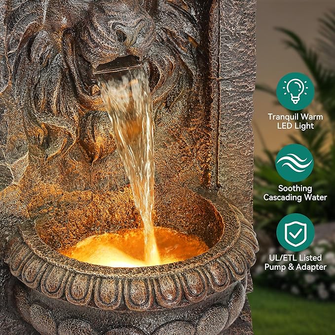 30in Outdoor Water Fountain with LED Lights, Majestic Bronze Lion Sculpture Garden Fountain, 2-Tier Pedestal Waterfalls, Durable Resin Water Feature for Yard, Patio or Porch Decor