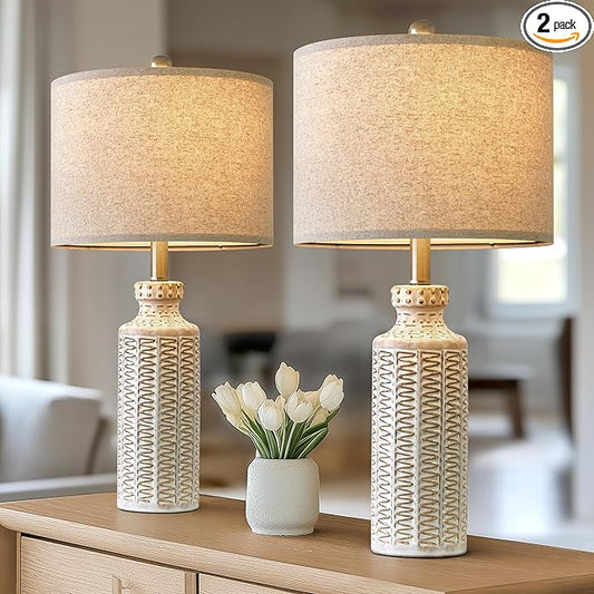 24.75'' Farmhouse Ceramic Table Lamp Set of 2 for Bedroom Living Room Vintage Traditional Rustic Modern White Nightstand Bedside Lamps - Bloomnest
