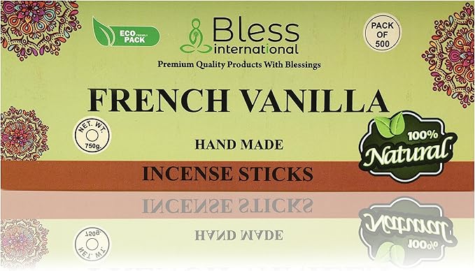 Bless-French-Vanilla 100%-Natural-Handmade-Hand-Dipped-Incense-Sticks Organic-Chemicals-Charcoal-Free Purification-Relaxation-Positivity-Yoga-Meditation Best-Woods-Scent (500 Sticks(26 OZ)) BlessInternational