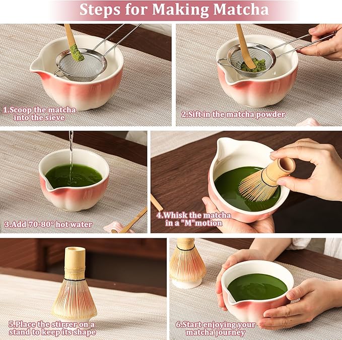 Matcha Whisk Set, 7-Pack Peach Pink Matcha Set - Include Petal Matcha Bowl with Spout, Bamboo Whisk, Chasen Holder, Sifter, Scoop, Tea Towel, Scoop Rest - Perfect Matcha Making Kit for Tea Lover - Bloomnest