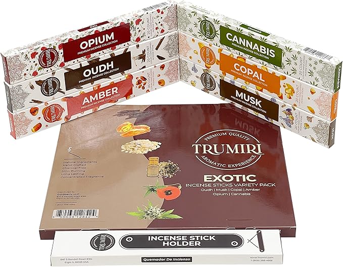 Exotic Incense Sticks Variety Pack - 120 Insence-Sticks (6 Incents x 20 Insense) - Copal Amber Oud (Agarwood) Musk - Natural Inscents-Sticks Non Toxic Incienso + Incense Holder for Men Women - Bloomnest