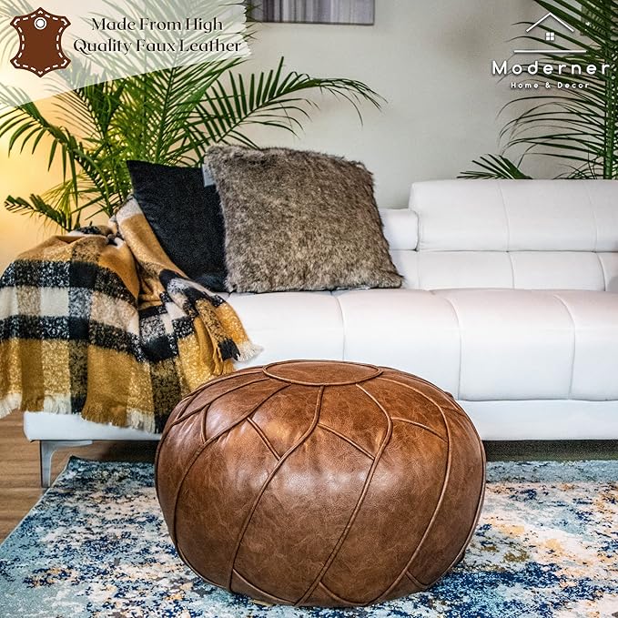Moderner Faux Leather Pouf Unstuffed Ottoman Moroccan Footstool, Floor Footrest Cushion, Storage Solution - Natural Brown Color (Mocha, Round) - Bloomnest