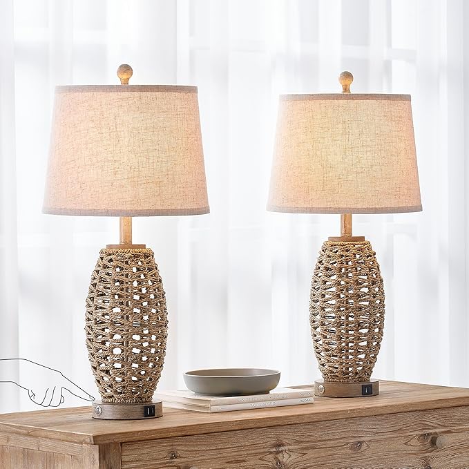 27” Natural Rattan Table Lamps Set of 2,Touch Switch,3-Way Dimmable Bedside Lamps, with A+C USB Charging Ports,Oatmeal Lampshade,Farmhouse Table Lamp for Bedroom, Living Room(2 Bulbs Included) - Bloomnest