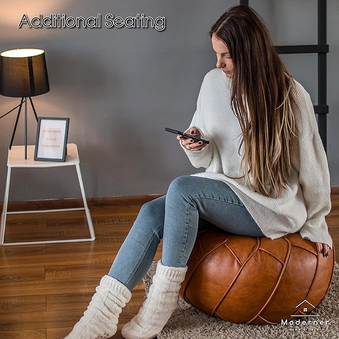 Moderner Faux Leather Pouf Unstuffed Ottoman Moroccan Footstool, Floor Footrest Cushion, Storage Solution - Natural Brown Color - Bloomnest