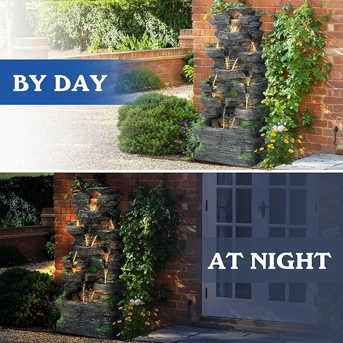 40''H Outdoor Water Fountain - Garden Rock Waterfall Fountains, Outdoor/Indoor Floor Standing Resin Water Fountain with 10 LED Light for Patio, Garden and Backyard, Deck, Porch, Home - Bloomnest