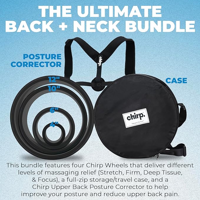 Ultimate Back + Neck Bundle, 4-Pack Chirp Wheel Massage Rollers, Carrying Case, Upper Back Posture Corrector, Includes Focus, Muscle Massage, and Gentle High Density Foam Rollers, Up to 500 lbs, Black - Bloomnest