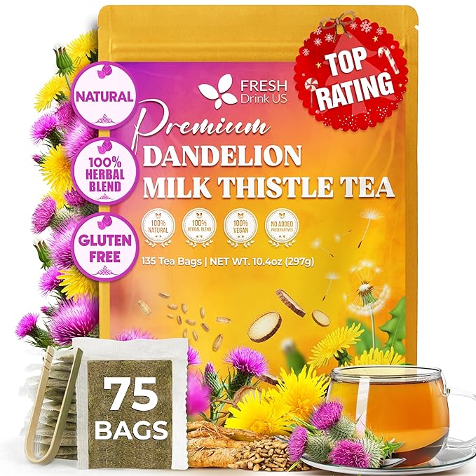 FreshDrinkUS, Premium Dandelion Milk Thistle Herbal Tea | 135 Tea Bags | Herbal Blend with Dandelion Root & Milk Thistle Seed – Clean Plant-Based Daily Tea, Naturally Caffeine Free. Sugar Free. Vegan - Bloomnest