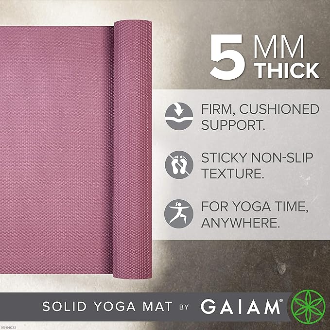 Gaiam Yoga Mat - Premium 5mm Solid Thick Non Slip Exercise & Fitness Mat for All Types of Yoga, Pilates & Floor Workouts (68" x 24" x 5mm) - Bloomnest