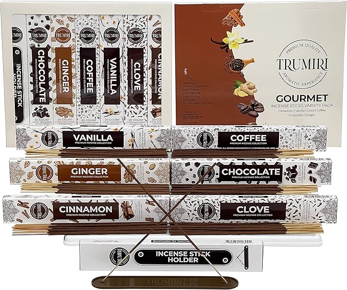 Gourmet Incense Sticks Variety Pack - 120 Insence-Sticks (6 Incents x 20 Insense) - Cinnamon Vanilla Coffee Chocolate - Natural Inscents-Sticks Non Toxic Inciensos + Incense Holder for Fall Christmas - Bloomnest
