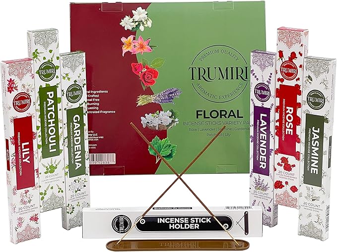 Floral Incense Sticks Variety Pack - 120 Insence-Sticks (6 Incents x 20 Insense) - Rose Lavender Jasmine Patchouli Gardenia Lily - Natural Inscents-Sticks Non Toxic Incienso with Stick Incense Holder - Bloomnest