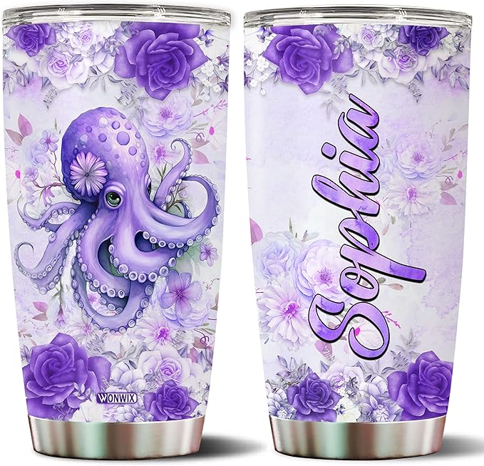 Personalized Octopus Tumbler Customized Name Water Bottle Mugs Gift For Women Fan Custom Purple Octopuses Birthday Christmas Valentine Day Insulated Stainless Steel Coffee Cup with Lid - Bloomnest