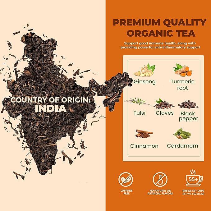 Organic Turmeric Ginger Tulsi Chai Tea | Loose Leaf | Ayurvedic Superfood Blend | Herbal and Caffeine-Free | 55+ Cups | KSA Kosher | 4 oz - Bloomnest