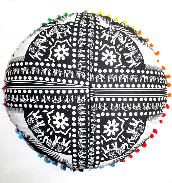 CRAFT KALA Large Round Bohemian Floor Pillow Pouf Cover Mandala Meditation Room Pillow Cover for Adults Boho Seating Poufs Cushion Cover for Kids Playroom 32" Round Black Elephant - Bloomnest