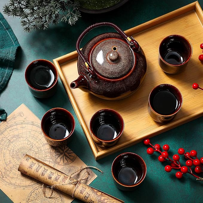 Layhit Japanese Asian Tea Set for Adults with 1 Teapot 6 Cups 1 Tray Traditional Portable Japanese Kiln Altered Glaze Porcelain Tea Set for Women Mother's Day Gifts(Brown) - Bloomnest