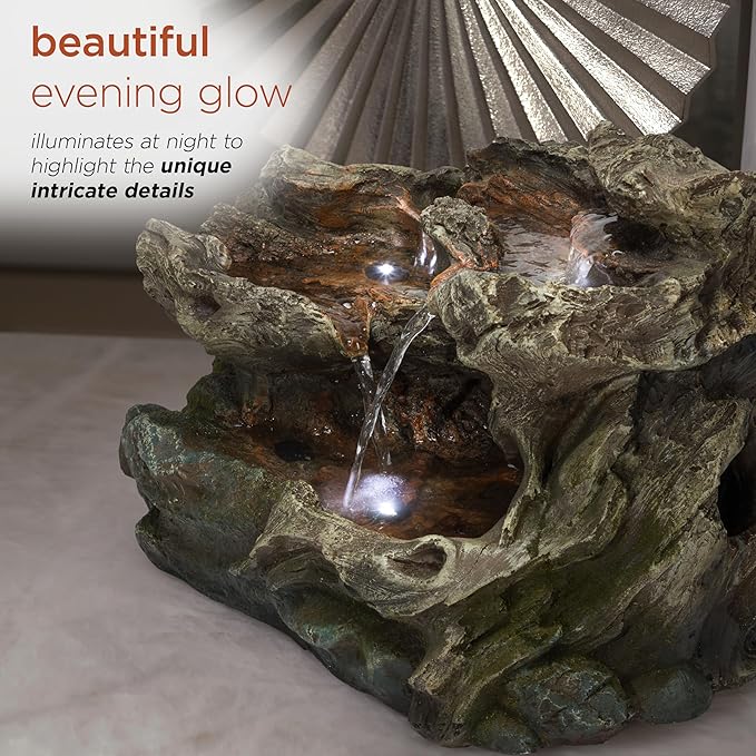 Alpine Corporation WIN1334 10" Tall Tabletop 3-Tier Waterfall Rock Fountain with LED Lights, Indoor Decorative Water Feature for Desk, Table, Office, and Home, Brown - Bloomnest