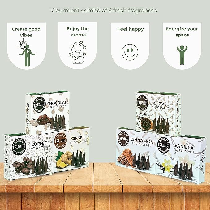 TRUMIRI Gourmet Incense Cones - Variety Pack - Total 60 Cone Incense (6 Scents x 10 Conos) - Vanilla, Cinnamon, Coffee, Chocolate, Clove, Ginger - Cone Incense Scents - Insense Cones - Incent Cone TRUMIRI