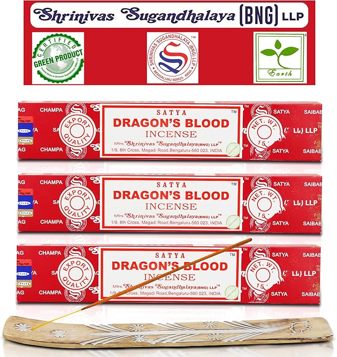 Satya Nagchampa Dragon Blood Incense Sticks, Satya Bng (Bangalore) Insenses 15gmx3 Pack (45 GMS) with Raajsee Incense Holder Bundle, Satya Nagchampa Natural Incense - Bloomnest