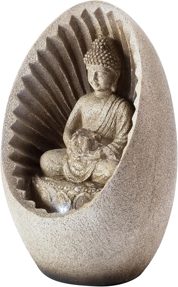 Alpine Corporation WIN322 Indoor/Outdoor Tabletop Buddha Fountain with LED Lights, Soothing Buddha Garden Fountain 11", Beige - Bloomnest