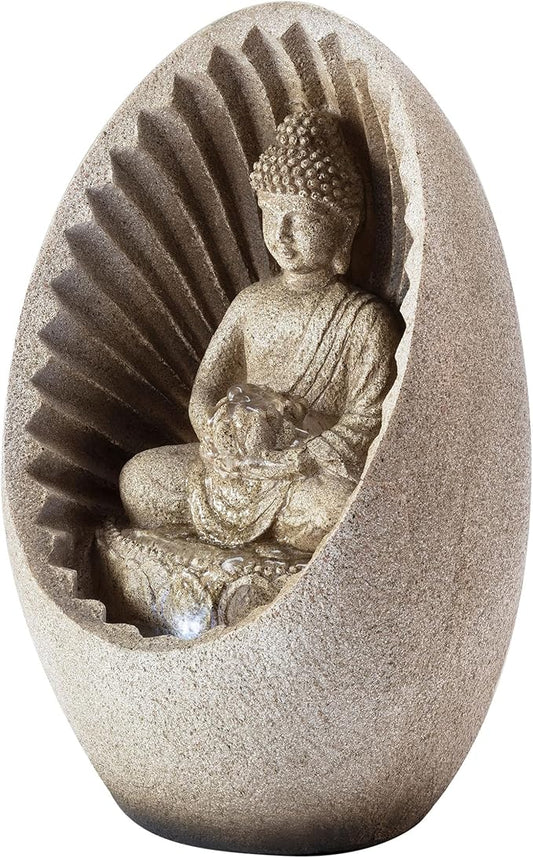Alpine Corporation WIN322 Indoor/Outdoor Tabletop Buddha Fountain with LED Lights, Soothing Buddha Garden Fountain 11", Beige - Bloomnest