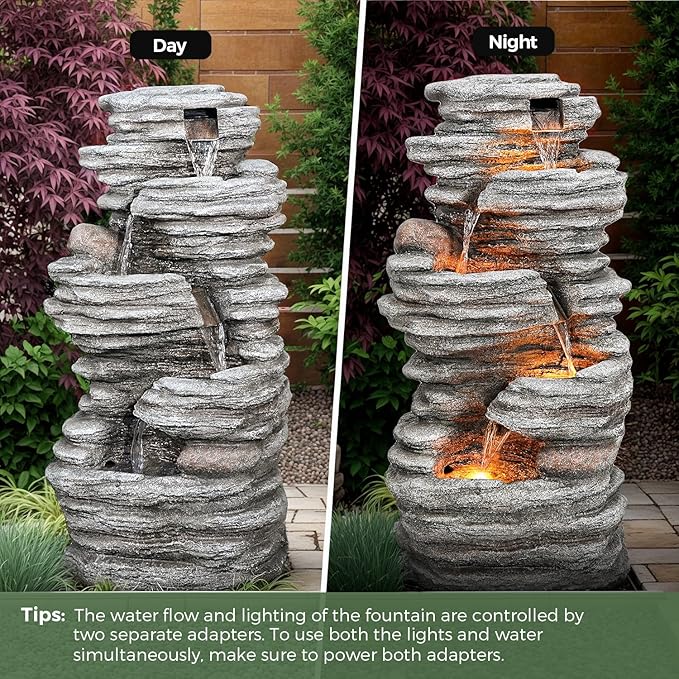 40" Outdoor Water Fountain with LED Lights - 5-Tier Cascading Rock Waterfall Fountain, Natural Rock Look, Ideal for Garden, Landscaping, Patio, Balconies and Yard Decor - Bloomnest