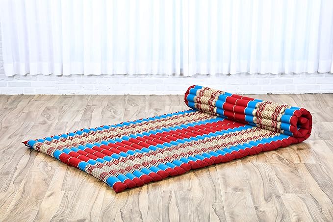 Leewadee - Kapok Roll Mat – Handcrafted Folding Sleep & Relaxation Mattress from Thailand, Ideal as Guest Bed, Camping Mat, Yoga Mat or Traditional Futon, 75 x 39 inches, Blue Red - Bloomnest
