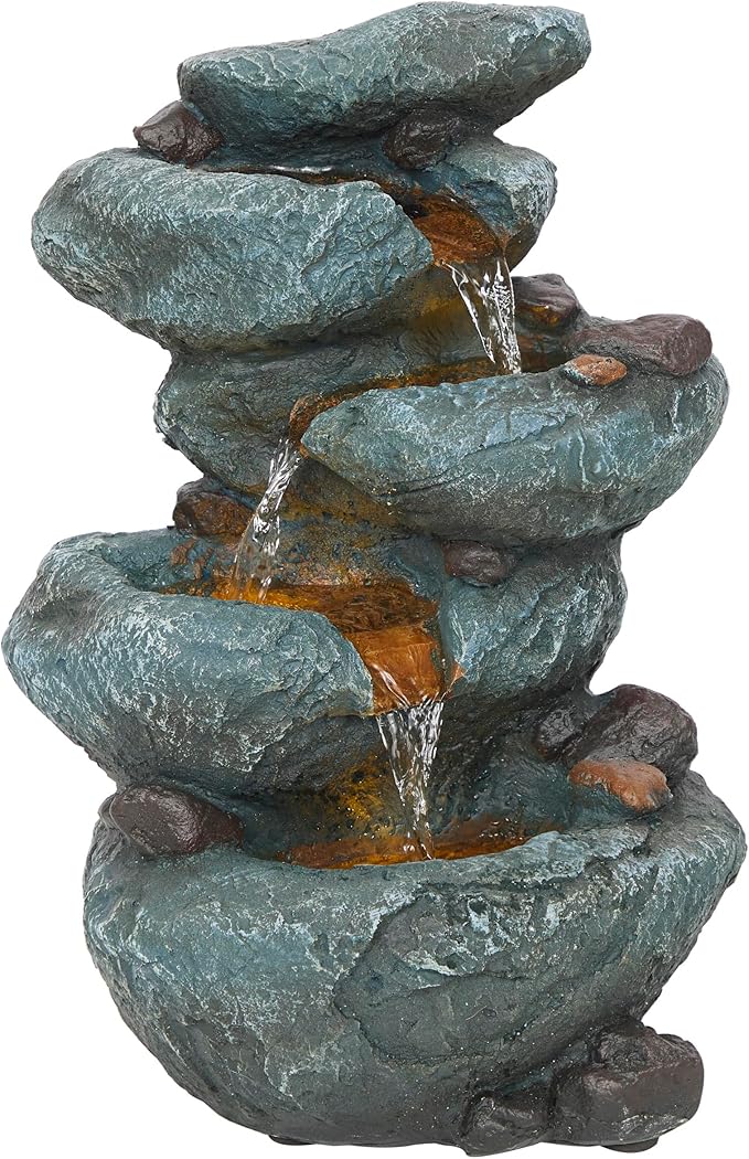 Alpine Corporation TZL418 14" 3 Tier Rock Fountain with LED Lights, Elegant Cascading Water Feature for Tabletop, Indoor Decor, Relaxing Stone Waterfall for Home & Office, Gray - Bloomnest