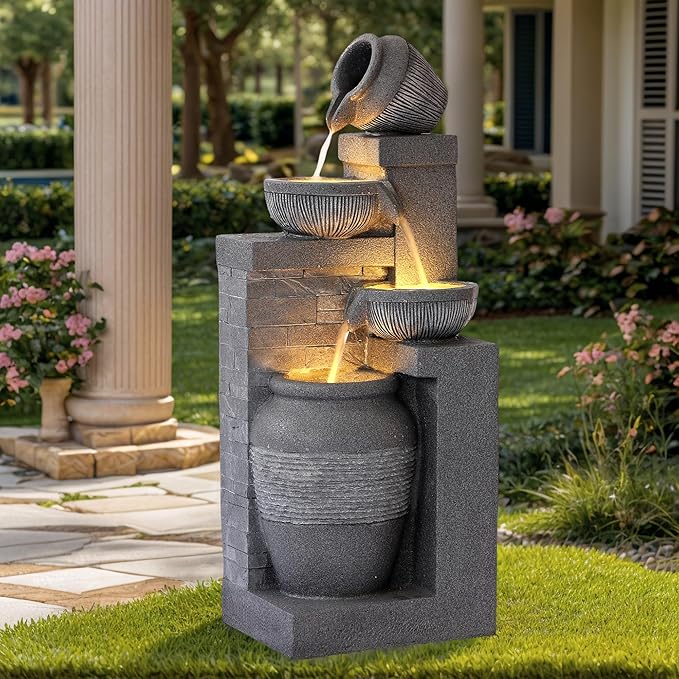 Grepatio Outdoor 4-Tiers Water Fountain, Garden Cascading Waterfalls Fountain with LED Lights, 32" H Modern Indoor/Outdoor Bowl Waterfall Feature Water Fountains for Garden, Patio, Yard Decor (Grey) - Bloomnest