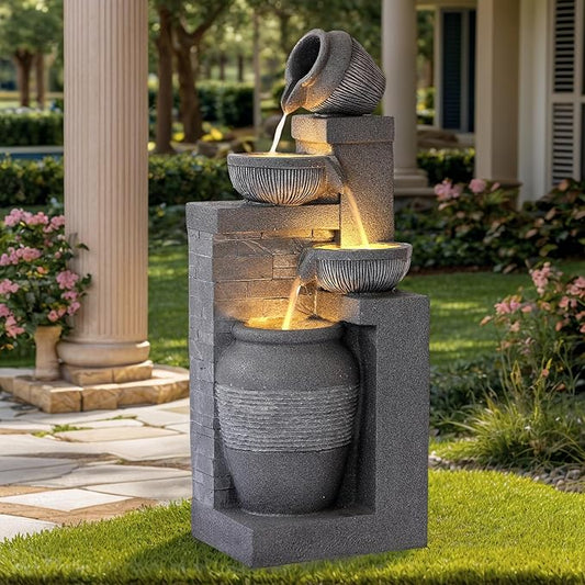 Grepatio Outdoor 4-Tiers Water Fountain, Garden Cascading Waterfalls Fountain with LED Lights, 32" H Modern Indoor/Outdoor Bowl Waterfall Feature Water Fountains for Garden, Patio, Yard Decor (Grey) - Bloomnest