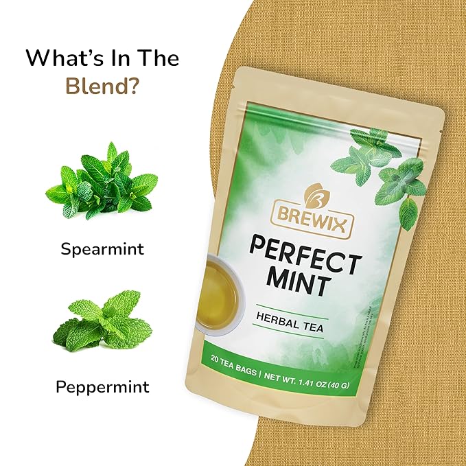 BREWIX, Perfect Mint Tea (20 Pyramid Tea Bags) | Soothing Mint Blend for Digestion Support & Daily Calm | Calming, Fresh and Cool | Caffeine Free Herbal Tea | No Sugar & No Caffeine | Spearmint and Peppermint - Bloomnest