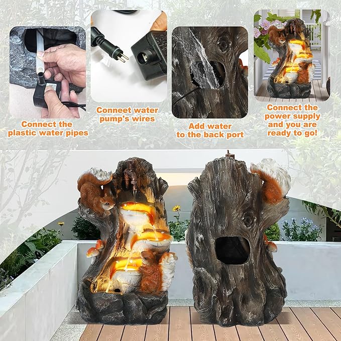 MAGIC UNION Outdoor Water Fountain, Garden Decor Outside Indoor Waterfall Cascading Rock Fountain with Retro Decorative Faucet, Patio Resin Fountains for Yard, Deck, Porch and Home, Imitation Stump - Bloomnest