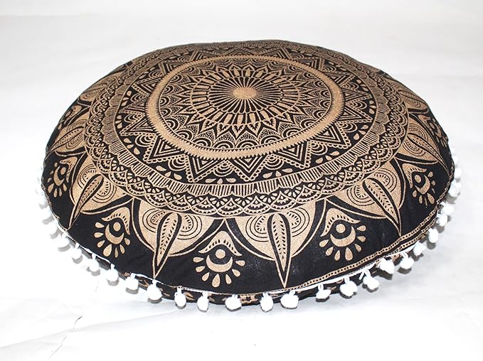 CRAFT KALA Large Round Bohemian Floor Pillow Pouf Cover Mandala Meditation Room Pillow Cover for Adults Boho Seating Poufs Cushion Cover for Kids Playroom Black Golden 32" Round - Bloomnest