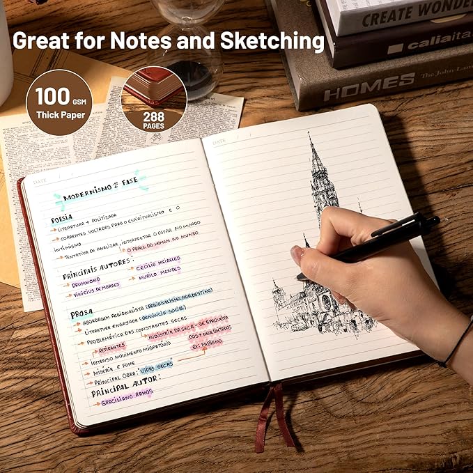 CAGIE Compass Leather Notebook Journal for Men, 100 GSM 288 Pages Lined Journals for Writing, A5 Hardcover Journaling Notebooks Gift Set with Pen for Travel Office Daily Writing - Bloomnest