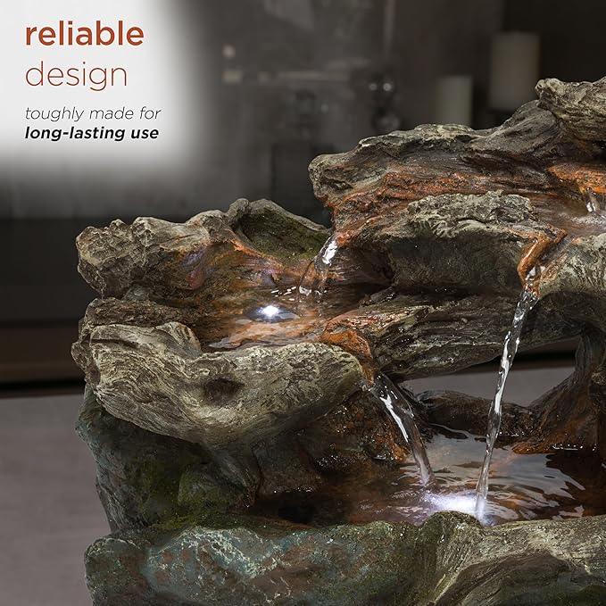 Alpine Corporation WIN1334 10" Tall Tabletop 3-Tier Waterfall Rock Fountain with LED Lights, Indoor Decorative Water Feature for Desk, Table, Office, and Home, Brown - Bloomnest