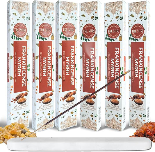 Frankincense and Myrrh Incense Sticks - Total 120 Insence-Sticks - 6 Packs of 20 Insense - Inciensos - Inscents - Natural Non Toxic Ingredients - Incents - Incence - Inscense - Insents TRUMIRI