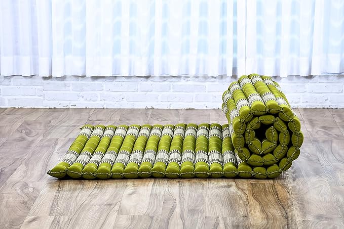 Leewadee - Kapok Roll Mat – Handcrafted Folding Sleep & Relaxation Mattress from Thailand, Ideal as Guest Bed, Camping Mat, Yoga Mat or Traditional Futon, 75 x 39 inches, Green - Bloomnest