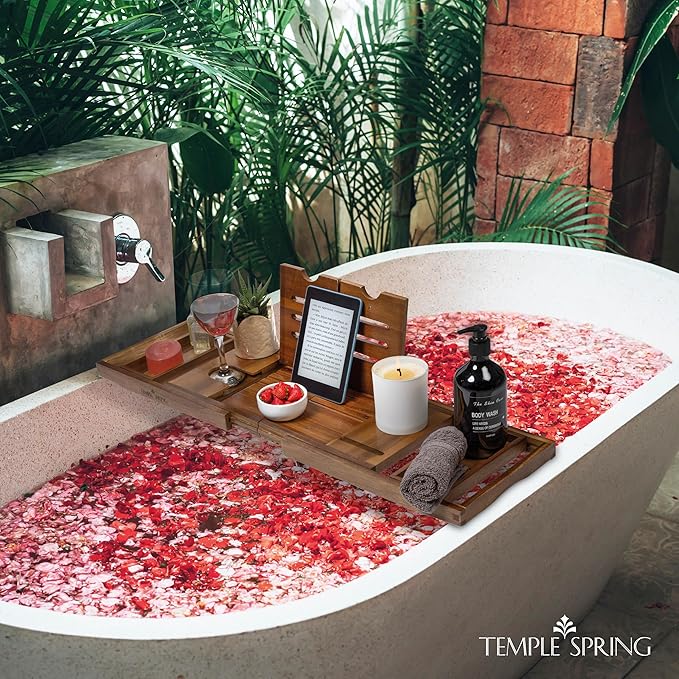 Temple Spring Foldable Bathtub Tray, Unique Design Selfcare Bathroom Caddy, Acacia Spa Bathroom Tray, Wooden Bathtub Accessories, Wedding Gift/Birthday Gift/New Home Bath Table – Not Teak - Bloomnest